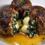 Close-up of spinach garlic meatballs stuffed with mozzarella on a rustic plate