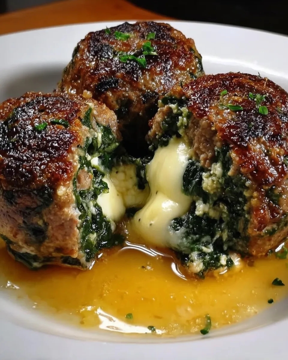 Close-up of spinach garlic meatballs stuffed with mozzarella on a rustic plate