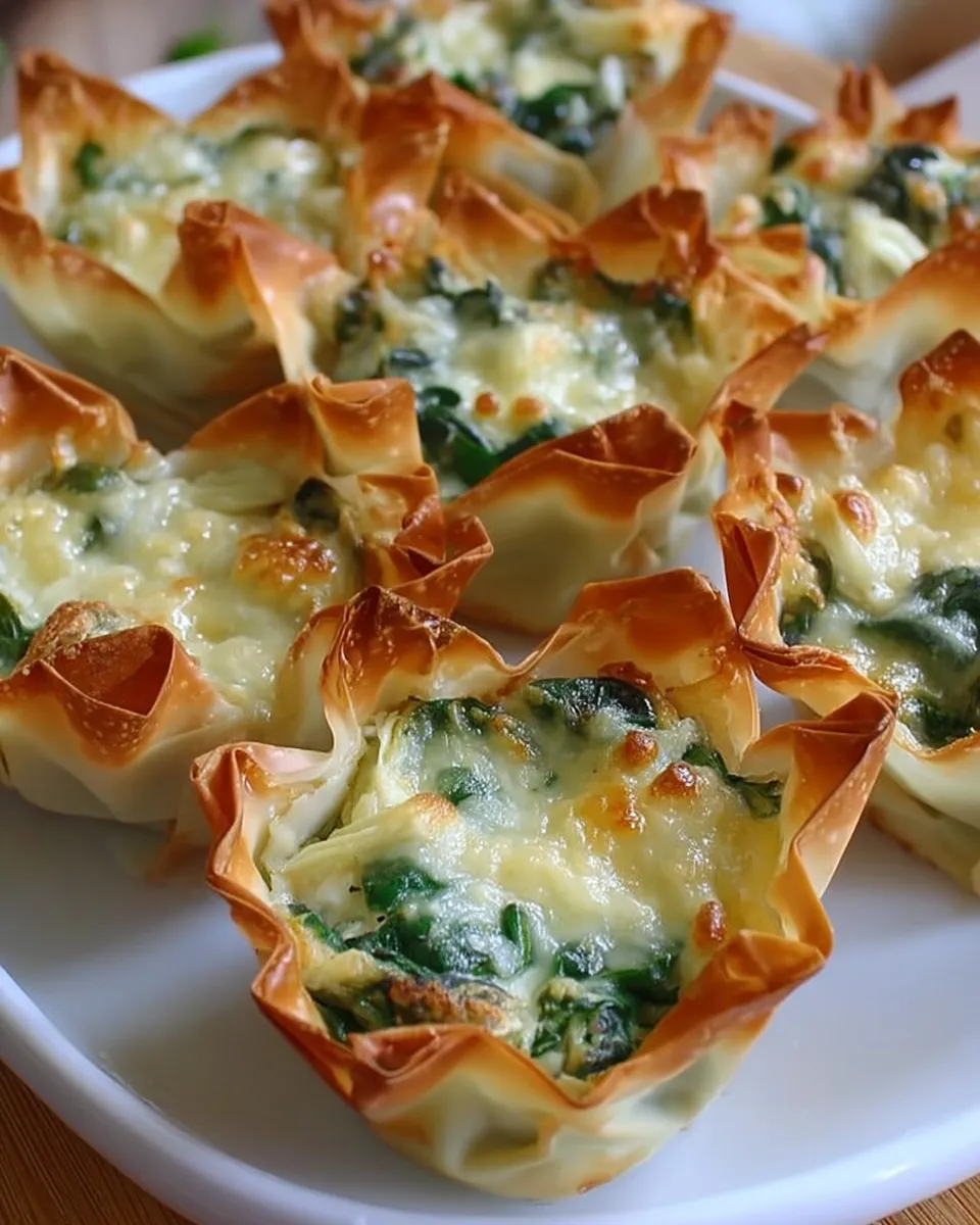 Golden baked spinach and artichoke wonton cups in muffin tin