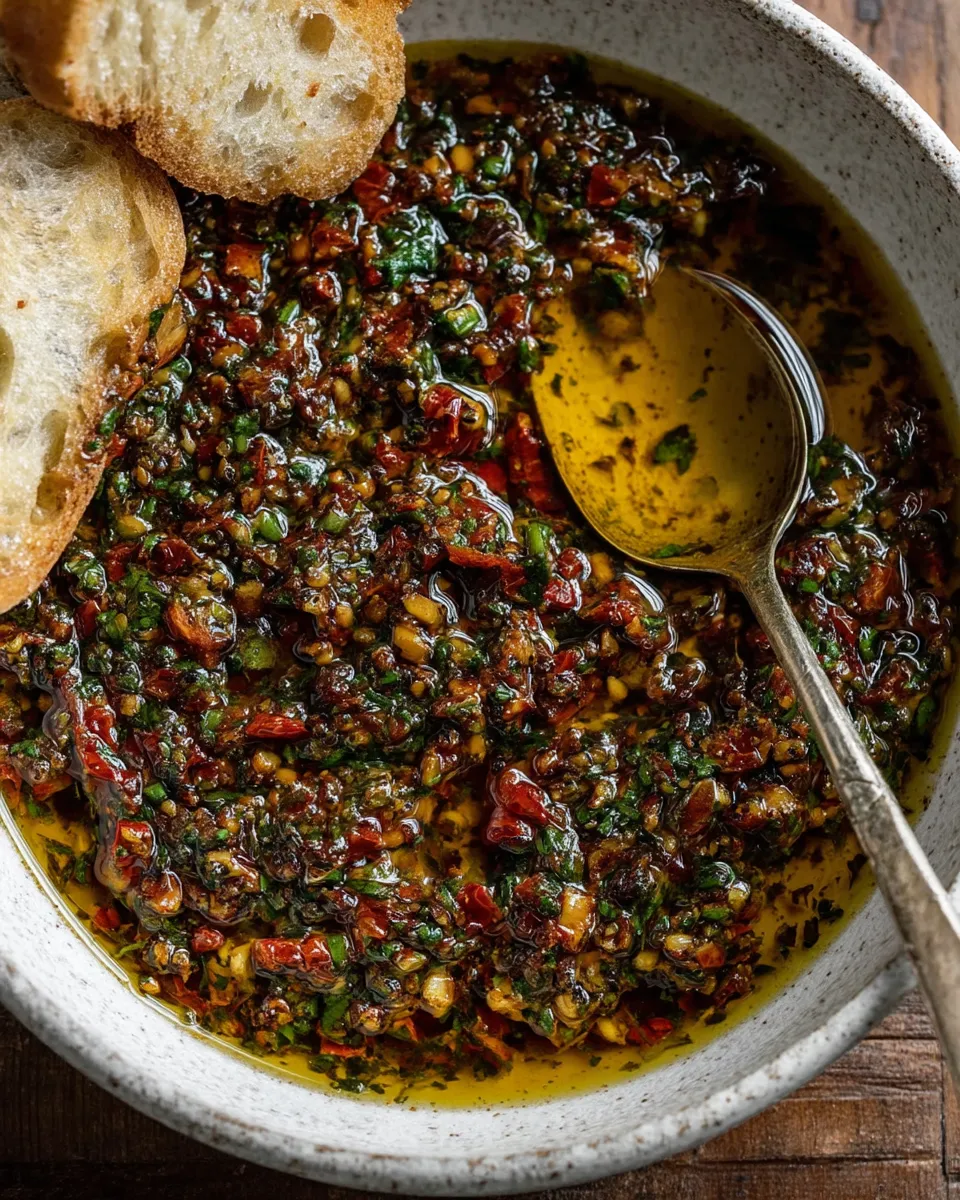 Sun-dried tomato olive oil bread dip in a small bowl with herbs