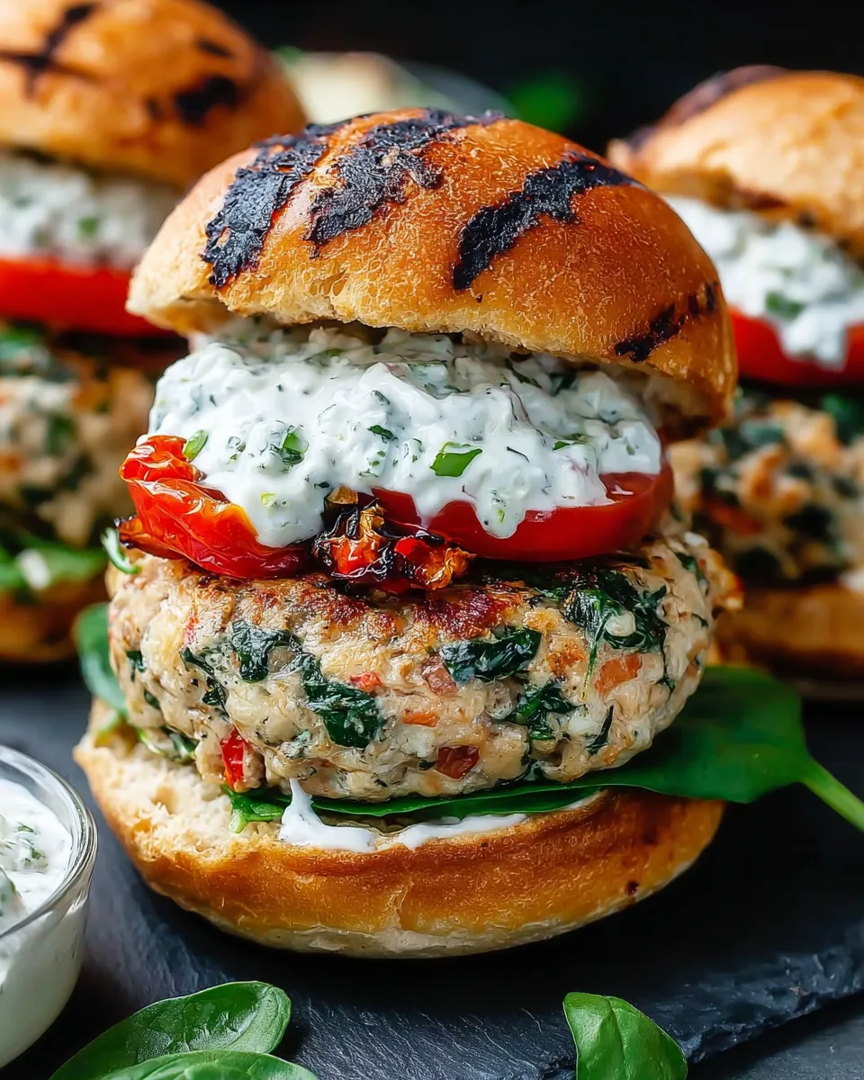 Sun-Dried Tomato and Feta Spinach Burger with Tzatziki