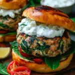 Homemade spinach burgers with feta and sun-dried tomatoes topped with creamy tzatziki sauce on a rustic bun