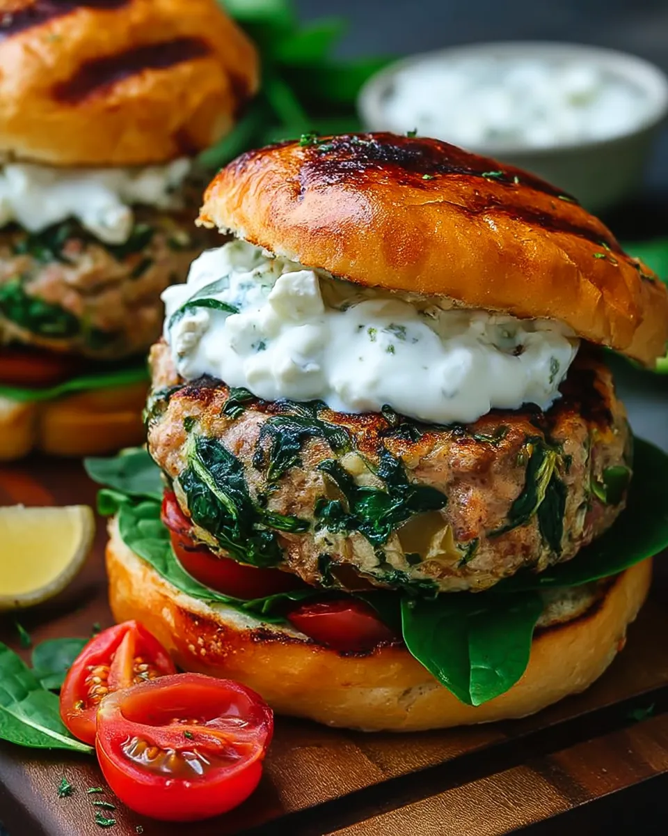 Homemade spinach burgers with feta and sun-dried tomatoes topped with creamy tzatziki sauce on a rustic bun