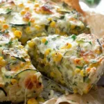 Sweet corn and zucchini pie sliced and served on a plate