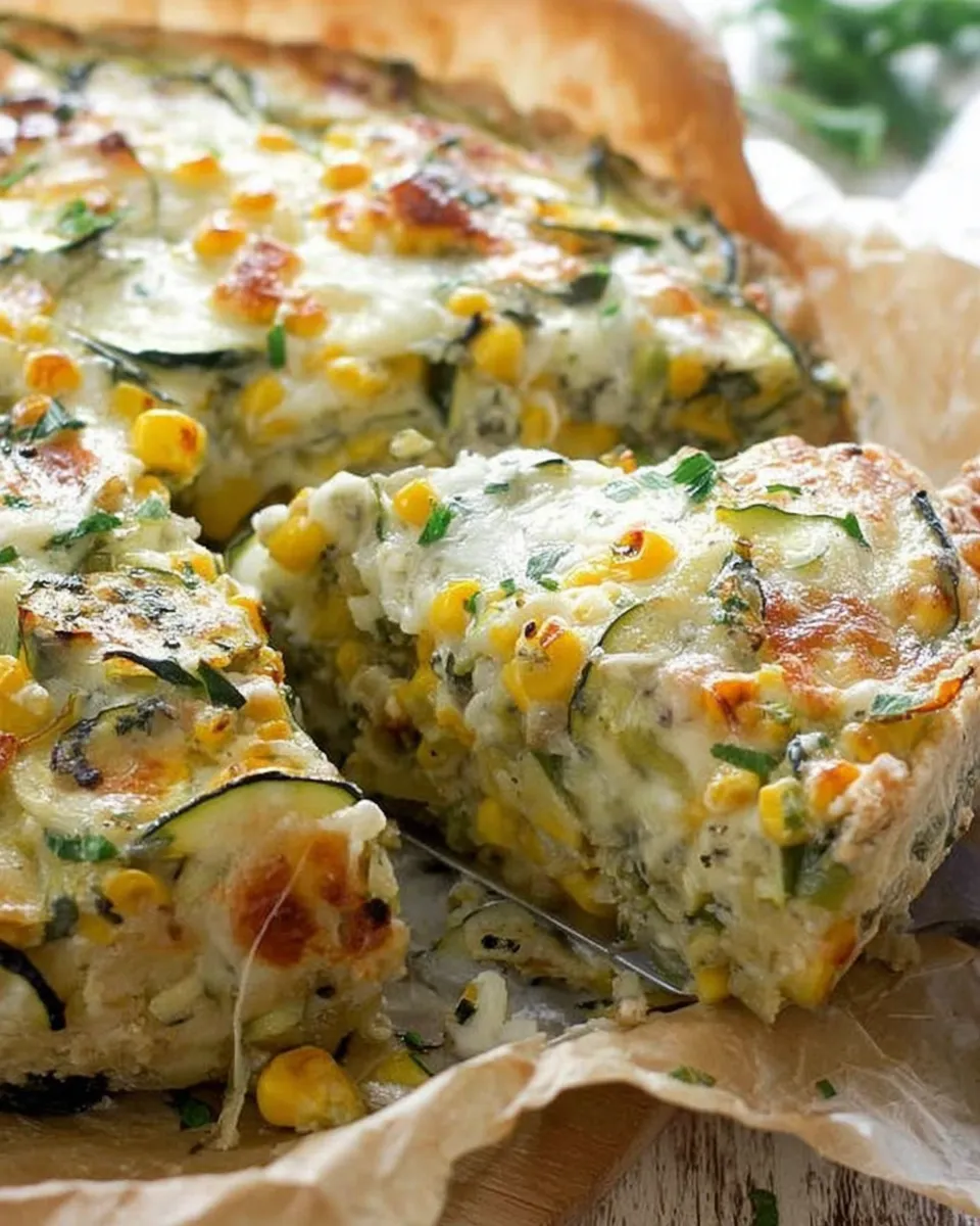 Sweet corn and zucchini pie sliced and served on a plate