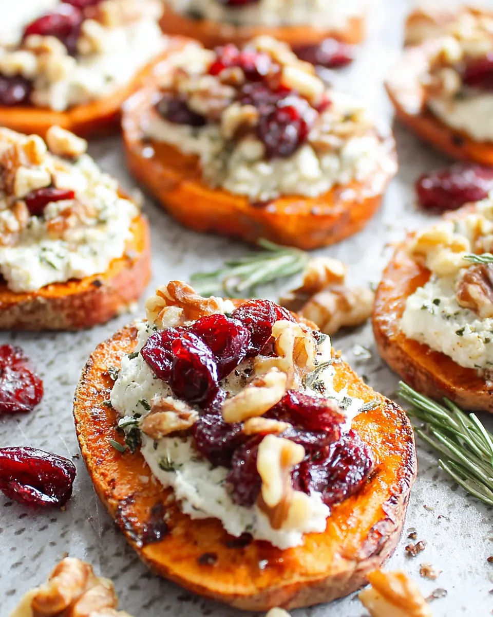 Sweet potato rounds topped with herbed ricotta, cranberries, and walnuts