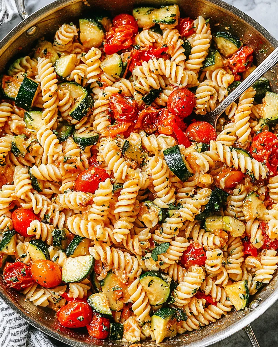 Tomato Zucchini Pasta in a bowl with basil