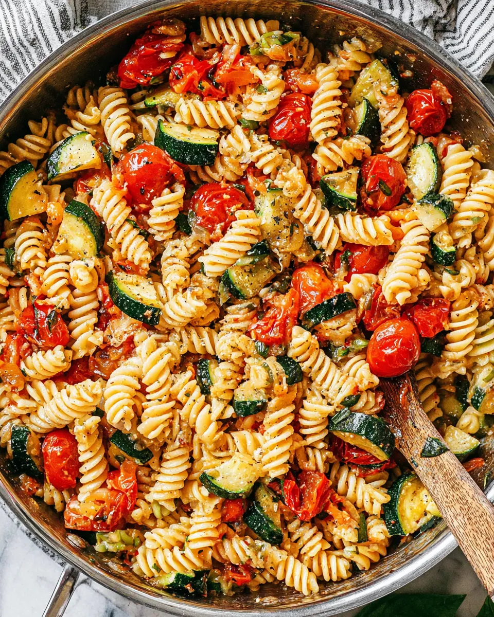 Tomato Zucchini Pasta in a bowl with basil