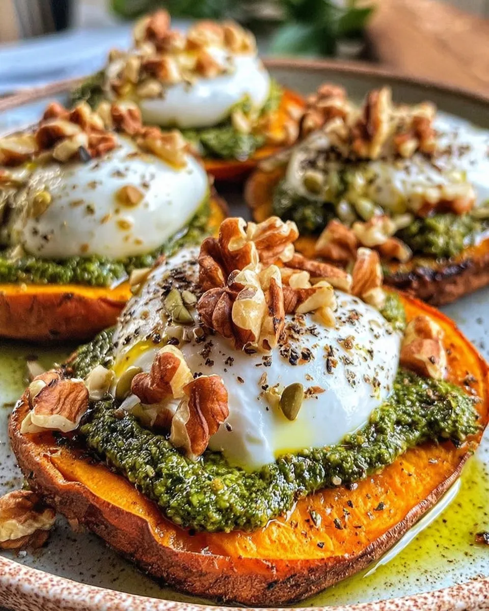 Stuffed sweet potatoes with burrata, toasted walnuts, and sage pesto on a serving plate