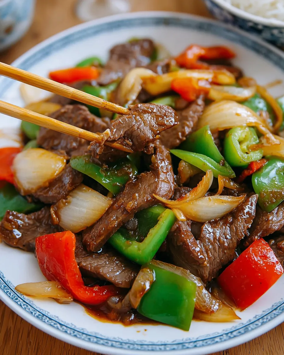 Plated slow cooker pepper steak with onion over rice