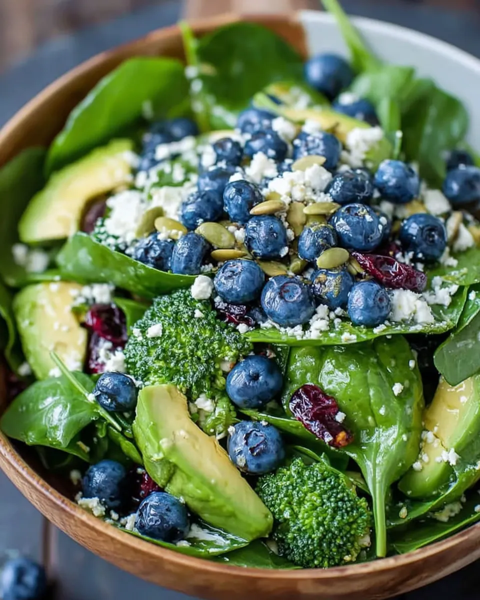 Blueberry Broccoli Spinach Salad in bowl