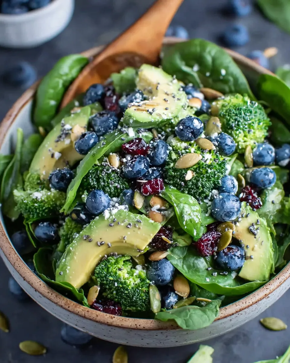 Served spinach salad with blueberries