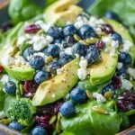 Blueberry Broccoli Spinach Salad with creamy dressing and feta