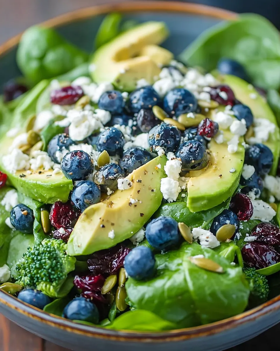 Blueberry Broccoli Spinach Salad with creamy dressing and feta