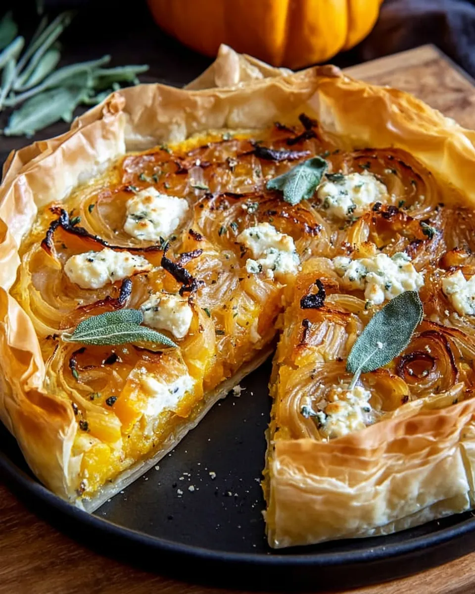 : Finished phyllo tart topped with gorgonzola and sage