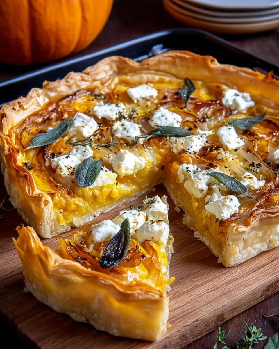 Caramelized onion and roasted pumpkin phyllo tart with gorgonzola and sage