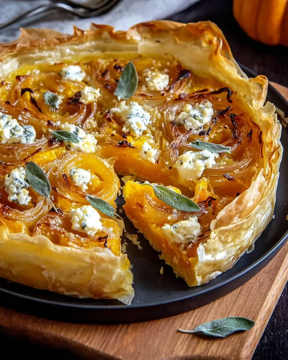 Caramelized onion and roasted pumpkin phyllo tart topped with gorgonzola and sage, sliced on a wooden board.