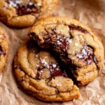Stack of chewy pumpkin chocolate chip cookies with melted chocolate chips.
