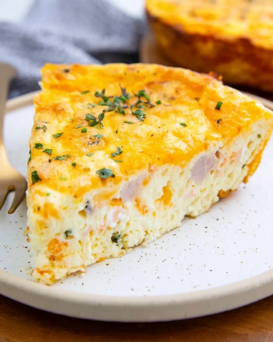 Cottage Cheese Crustless Quiche baked golden brown, sliced and ready to serve