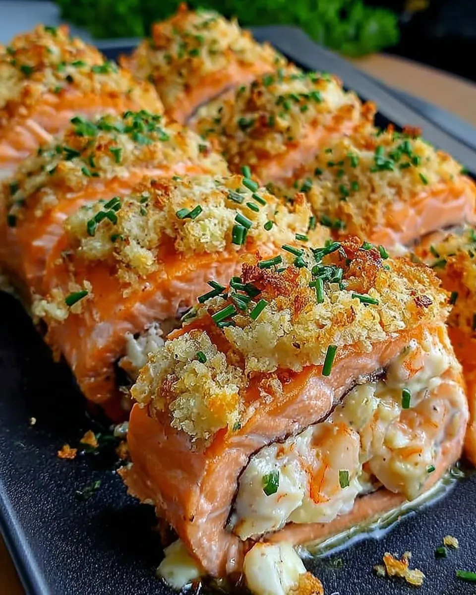 Plated crab and shrimp stuffed salmon with lemon