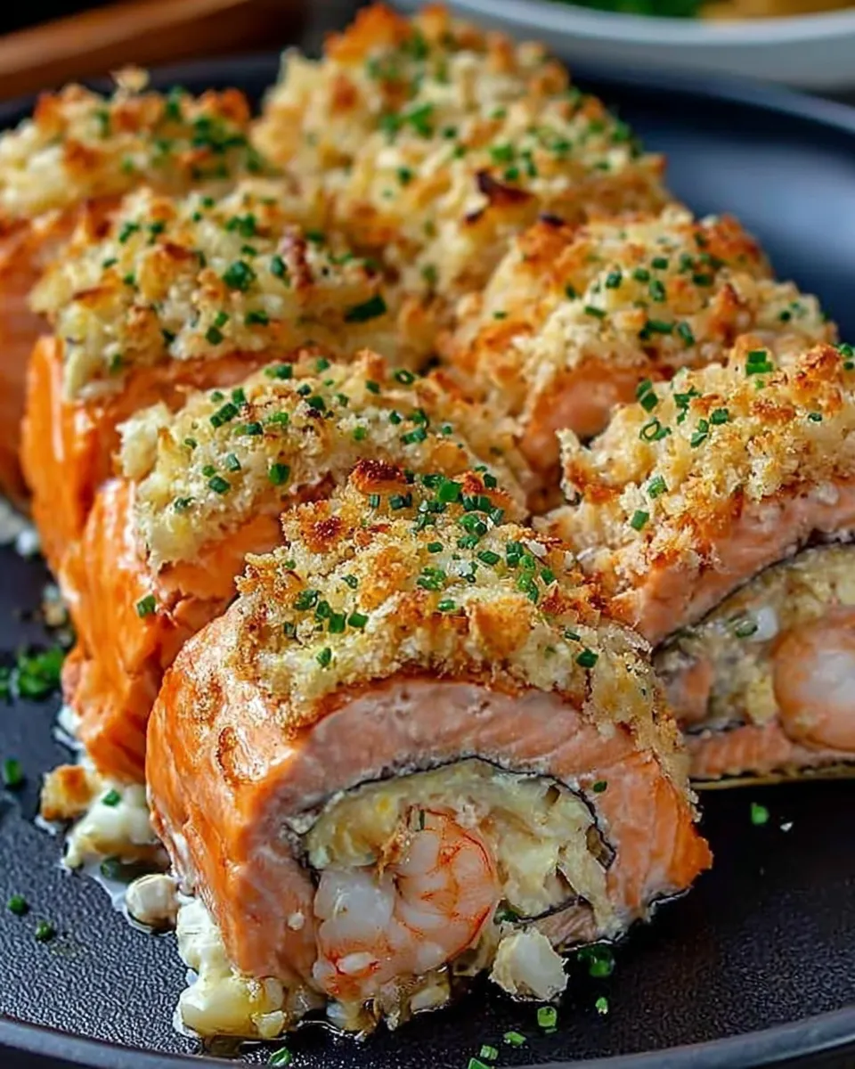 Served stuffed salmon with sides