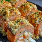 Crab and shrimp stuffed salmon with lemon butter sauce