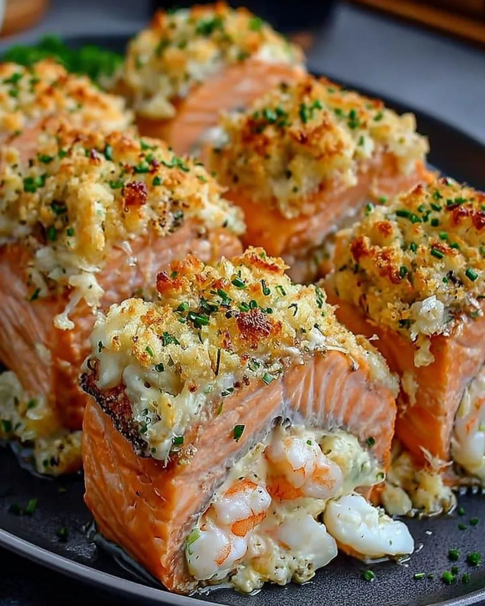 Crab and shrimp stuffed salmon with lemon butter sauce