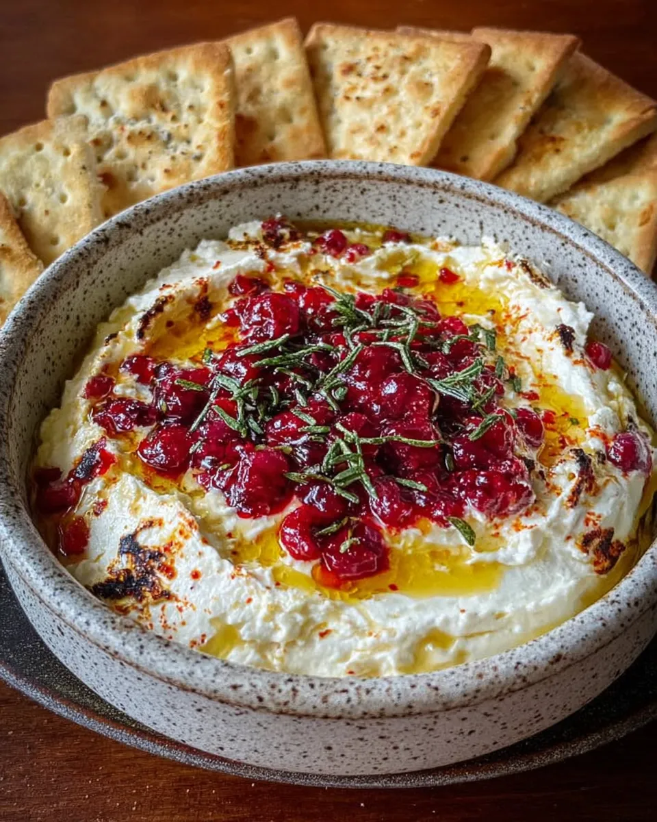 Serving cranberry whipped feta dip with crackers and herbs