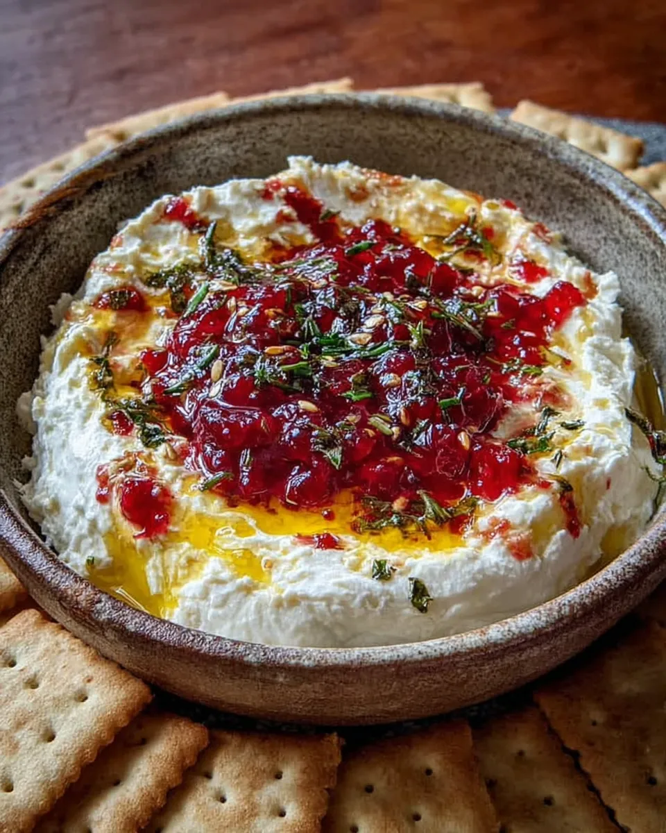 Finished cranberry whipped feta dip with cranberry and hot honey