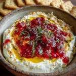 Cranberry whipped feta dip drizzled with hot honey, served with crackers.