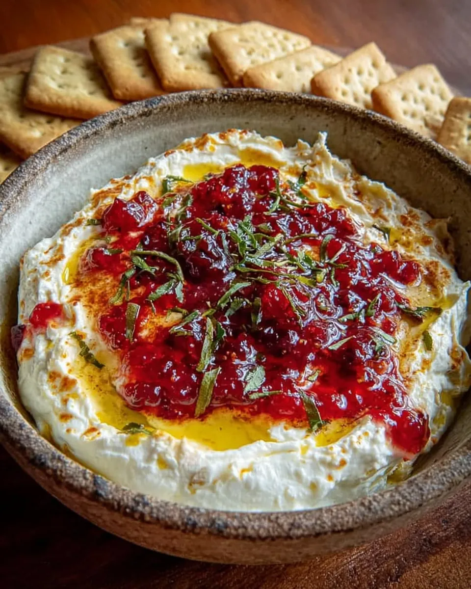 Cranberry whipped feta dip drizzled with hot honey, served with crackers.