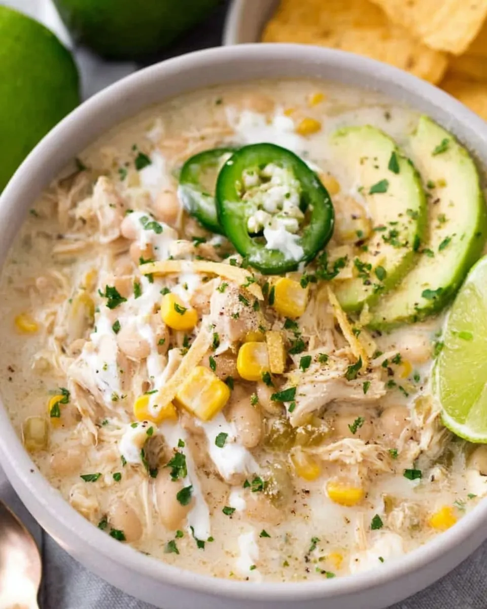 Creamy crockpot white chicken chili topped with cilantro, avocado, and cheese in a rustic bowl.