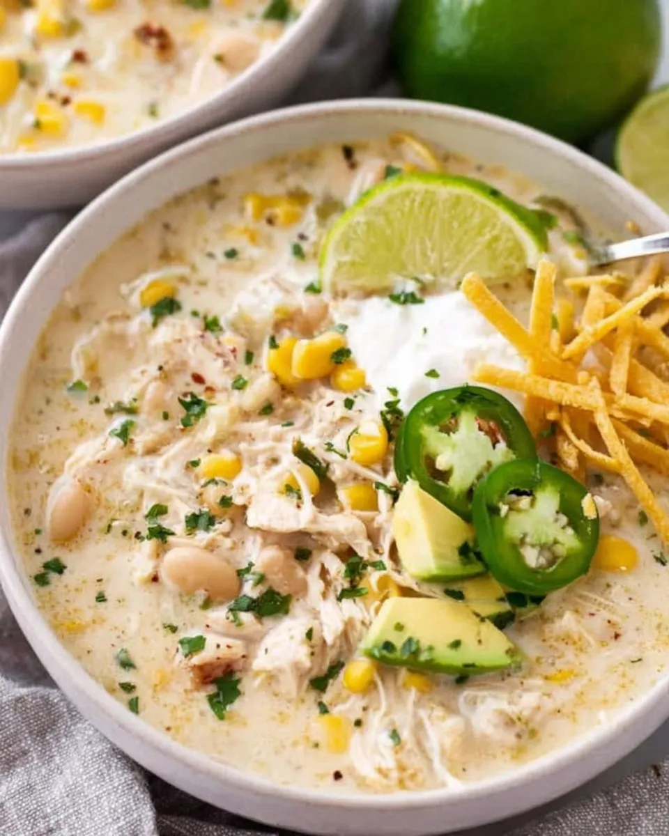 Creamy white chicken chili served with toppings and cornbread