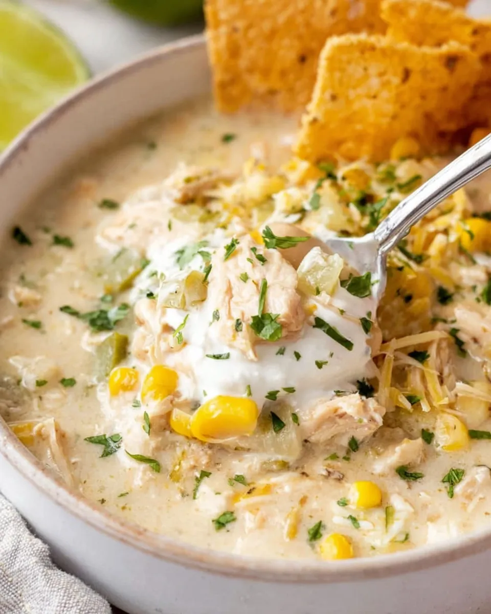 Creamy crockpot white chicken chili served in rustic bowls