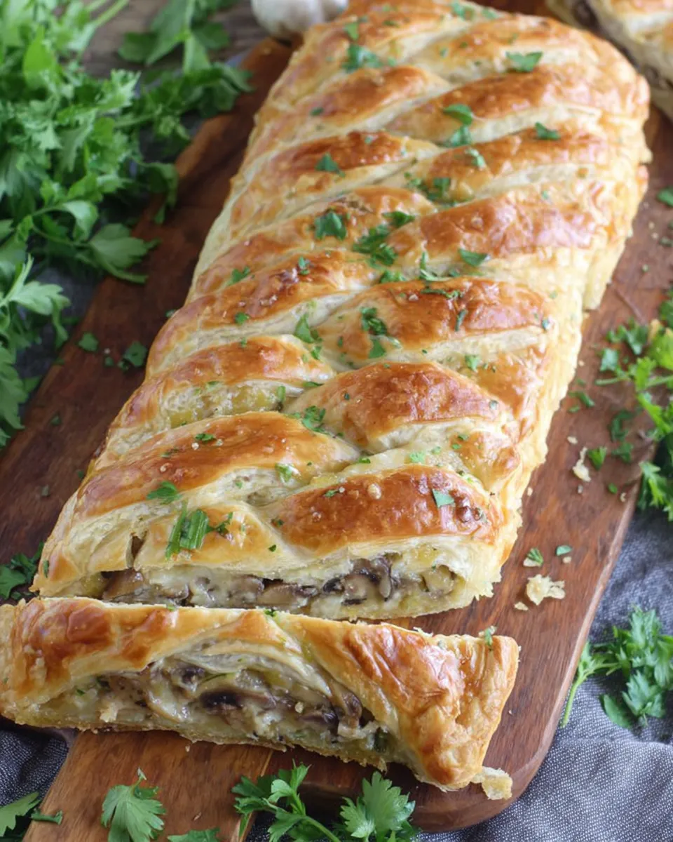 Golden-brown creamy mushroom puff pastry braid with flaky layers and rich filling, sliced on a wooden board.