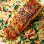 Creamy salmon and spinach orzo served in a white bowl with lemon wedges.