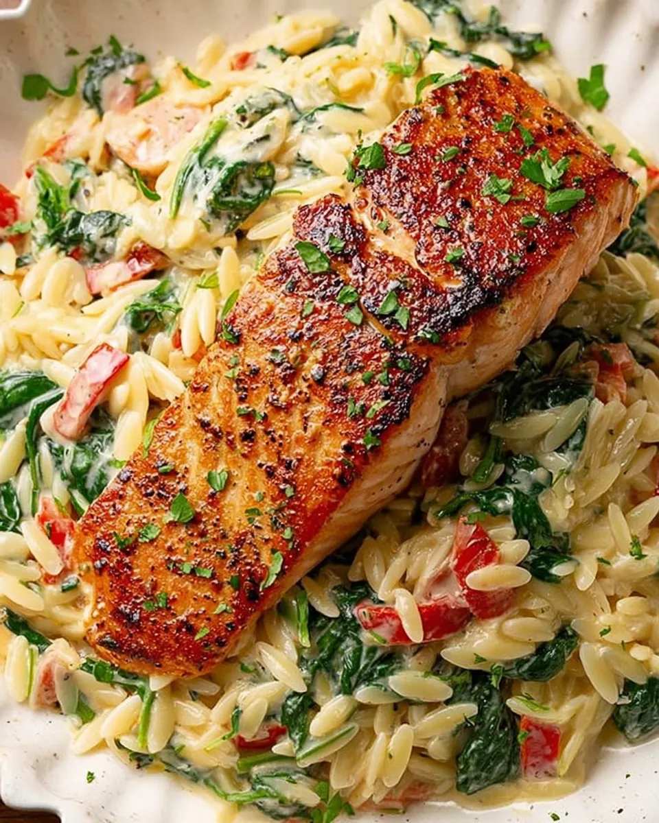 Creamy salmon and spinach orzo served in a white bowl with lemon wedges.