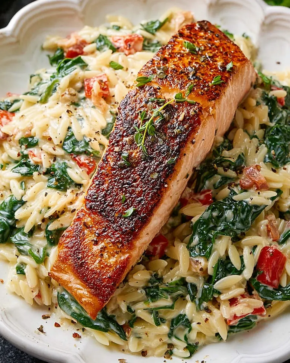 creamy orzo with spinach and peppers in skillet cooking
