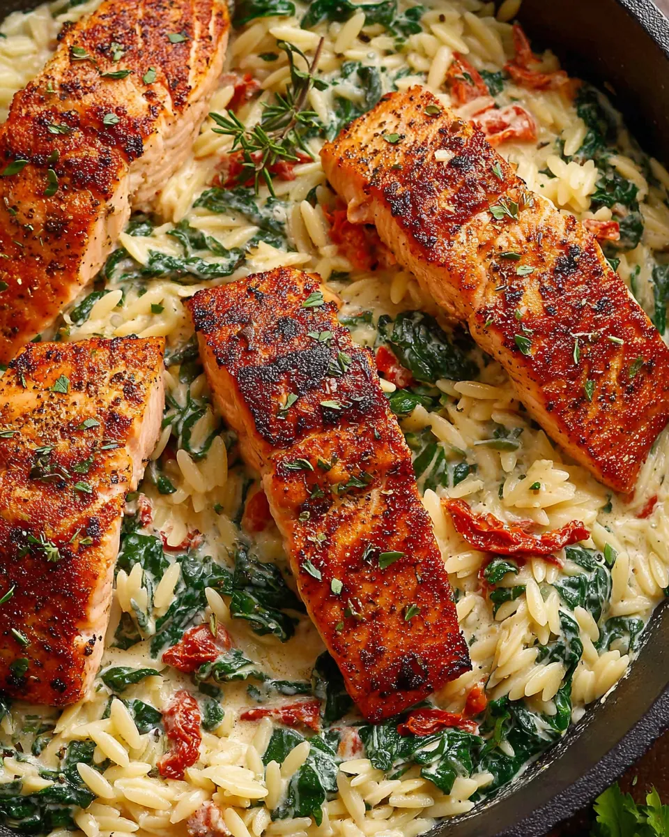 creamy salmon and spinach orzo in cast iron