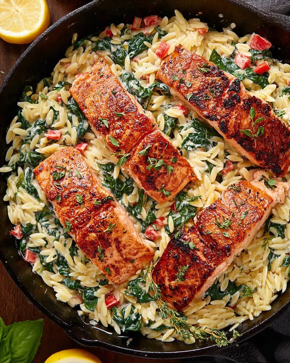 plated creamy salmon and spinach orzo with lemon and salad