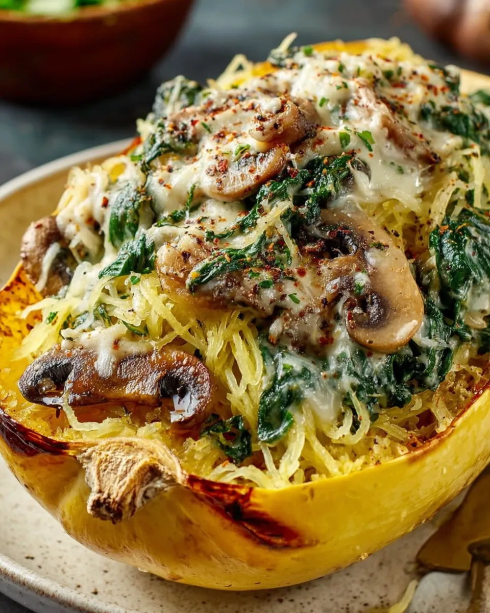 Creamy Spinach and Mushroom Stuffed Spaghetti Squash served in a roasted squash boat