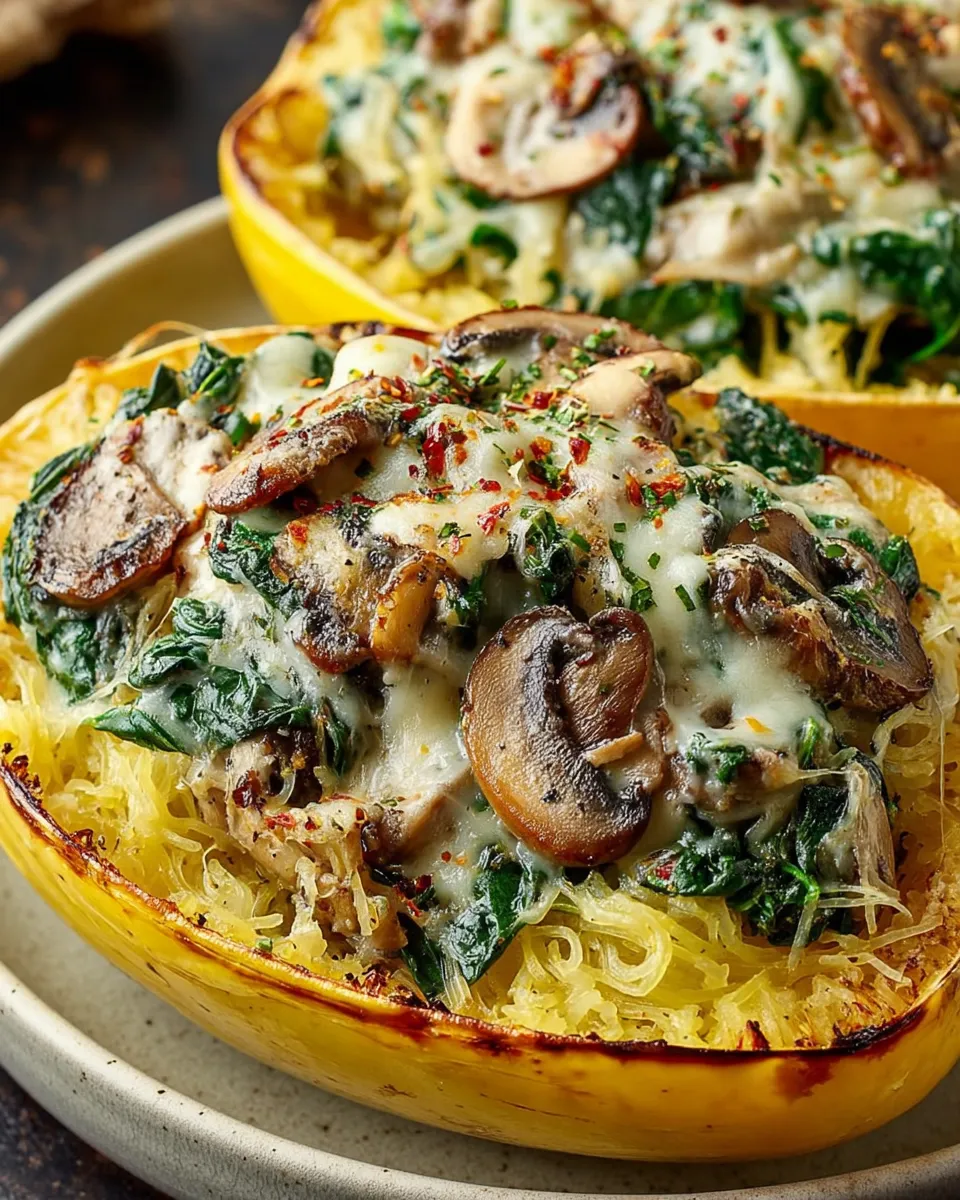 Stuffed spaghetti squash on plate with soup and zucchini sides