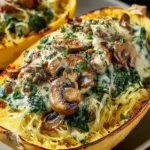 Spaghetti squash stuffed with creamy spinach and mushrooms topped with melted cheese