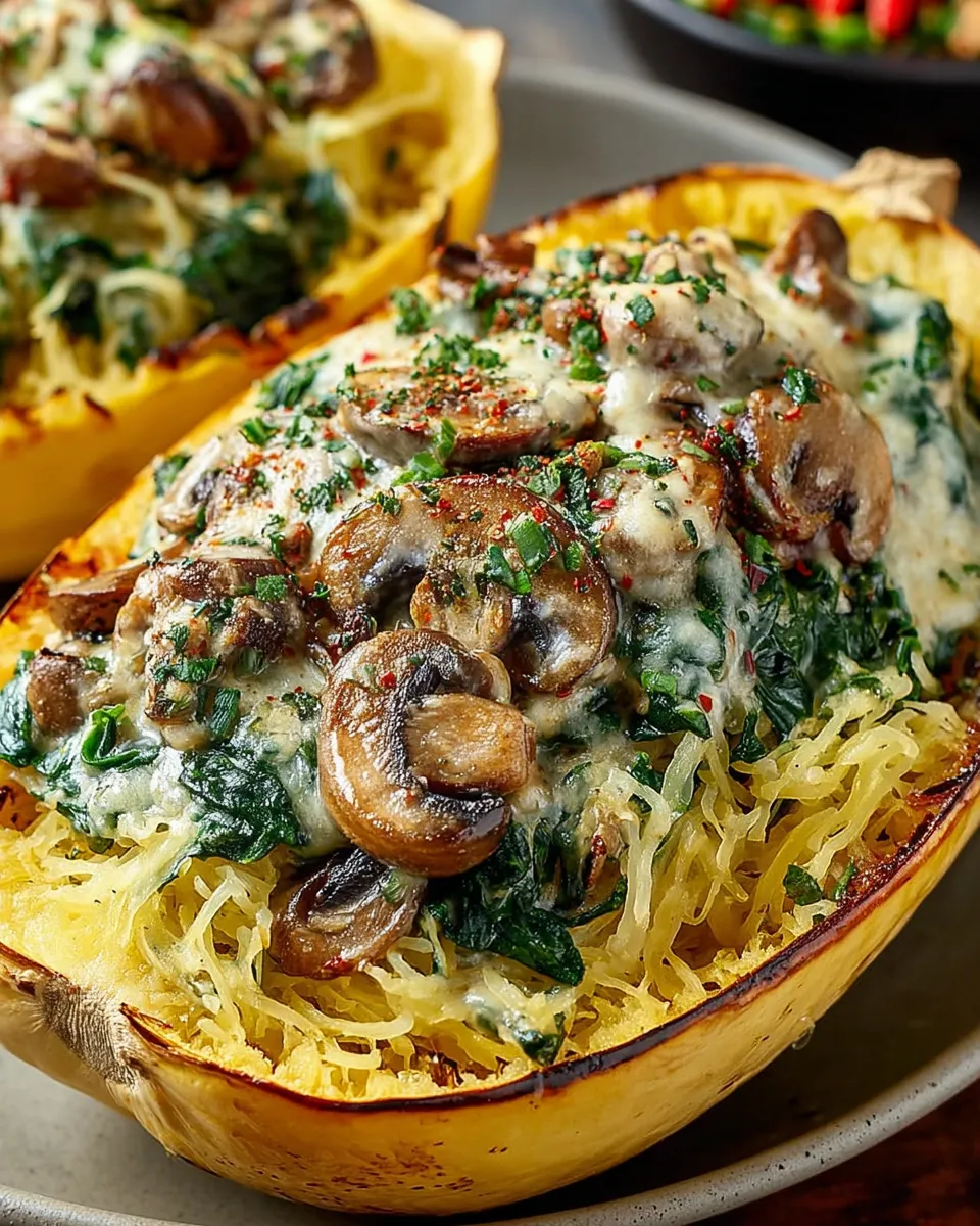 Spaghetti squash stuffed with creamy spinach and mushrooms topped with melted cheese