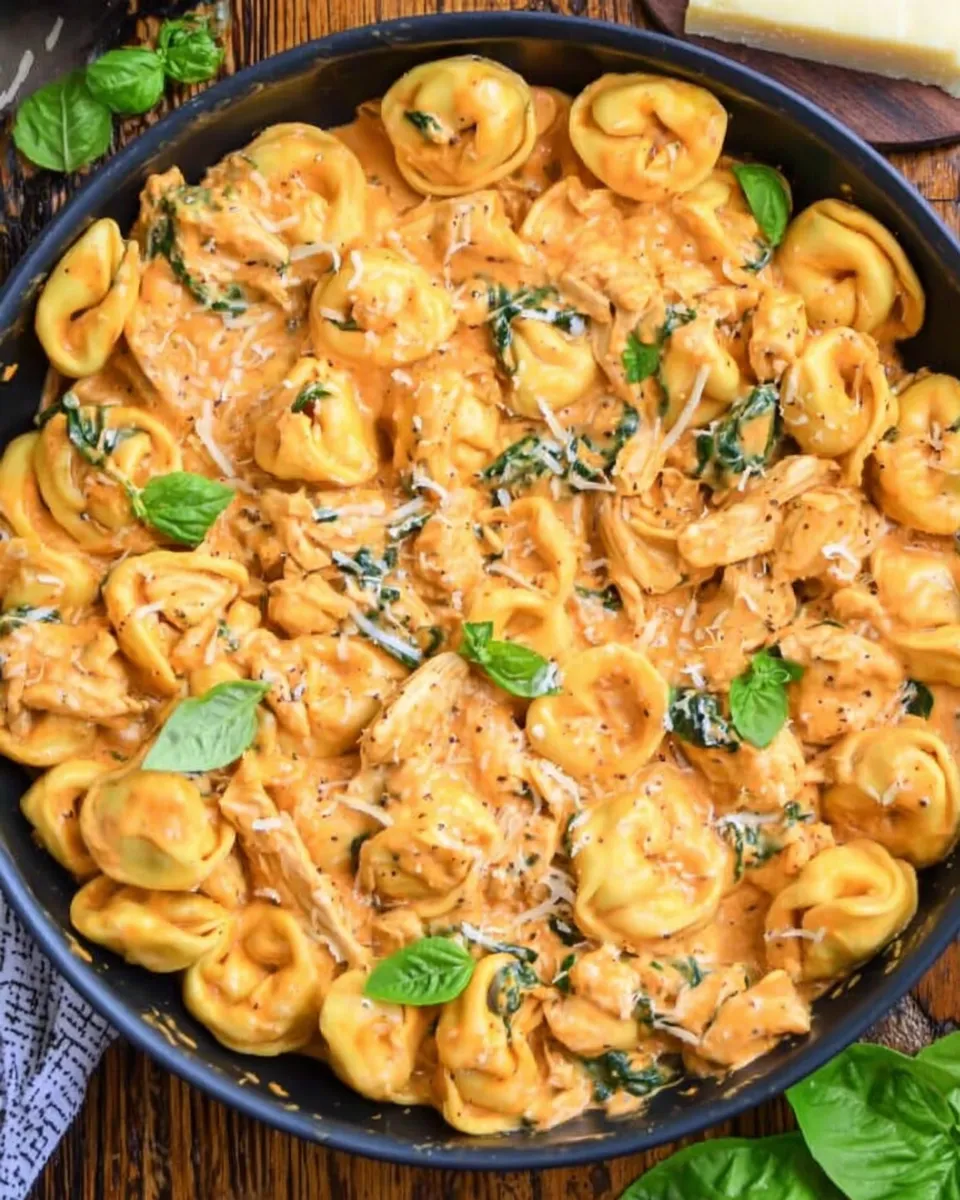 CrockPot Chicken Tortellini in a rustic bowl with steam and Parmesan