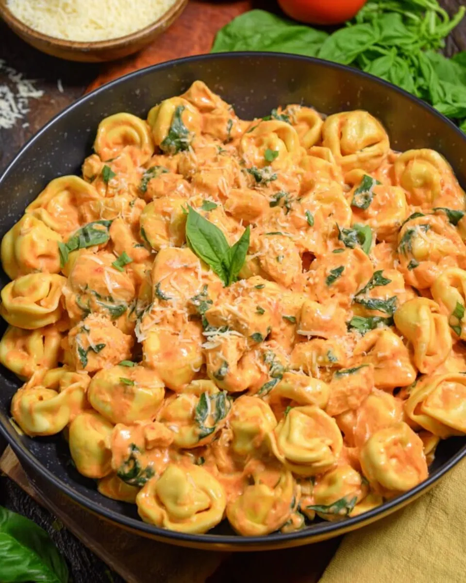 CrockPot Chicken Tortellini served with salad and garlic bread