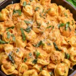 Creamy CrockPot chicken tortellini served in bowls with fresh herbs.