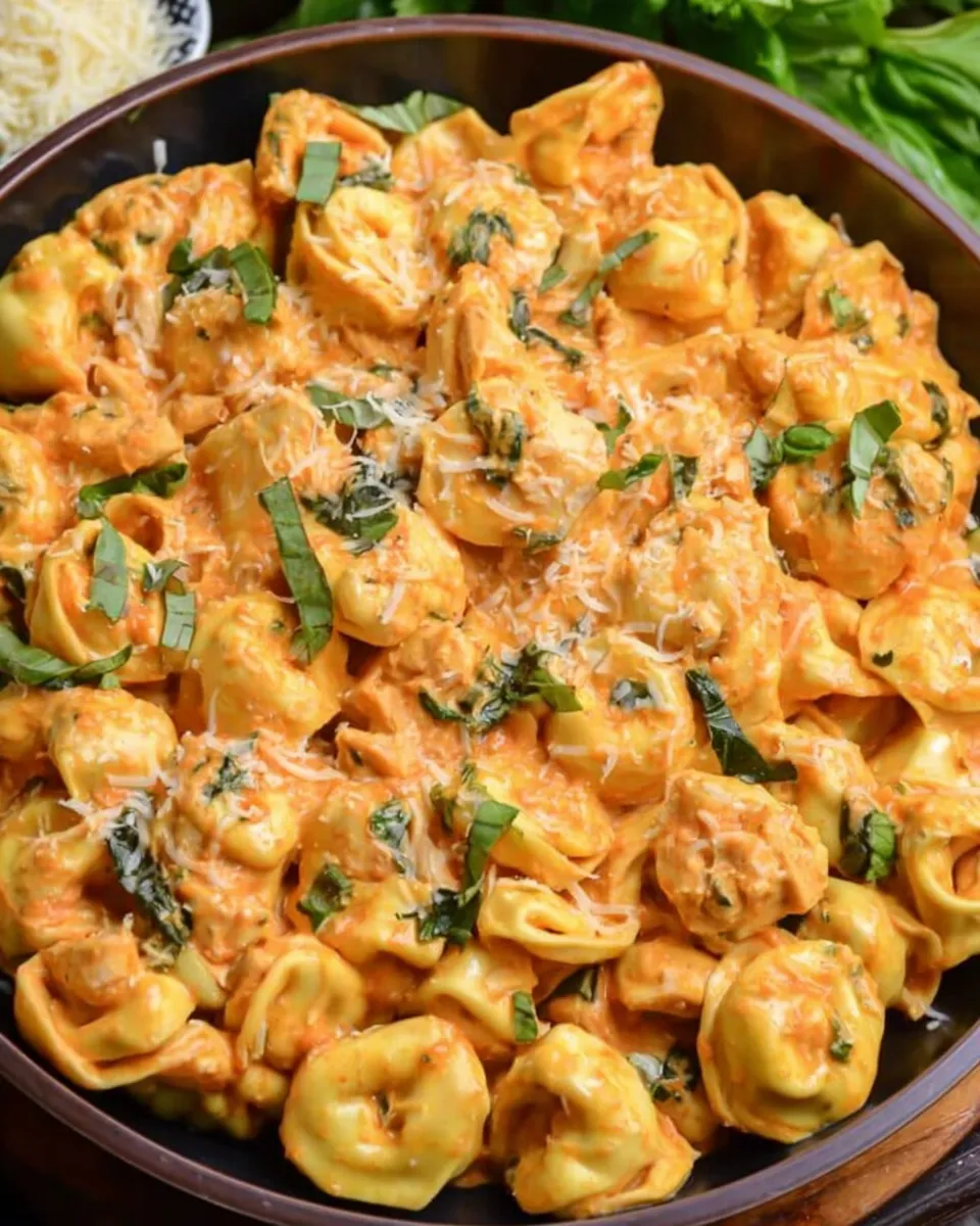 Creamy CrockPot chicken tortellini served in bowls with fresh herbs.
