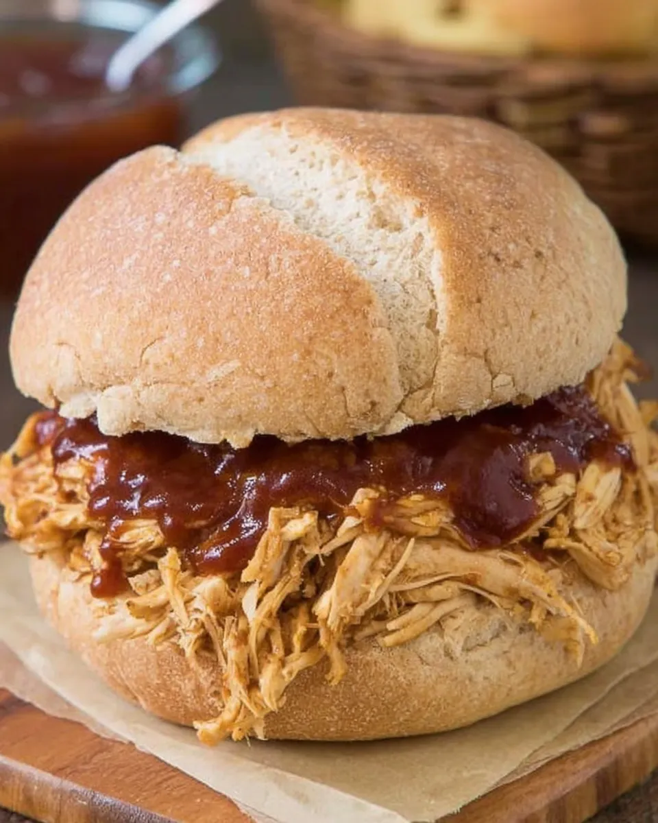 : Crockpot BBQ chicken shredded and served on a sandwich bun with coleslaw.