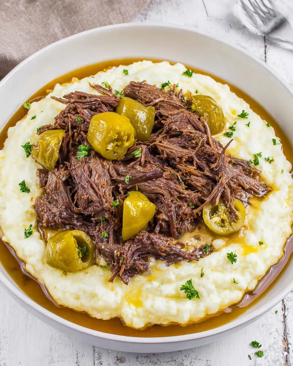 Mississippi Pot Roast served with mashed potatoes